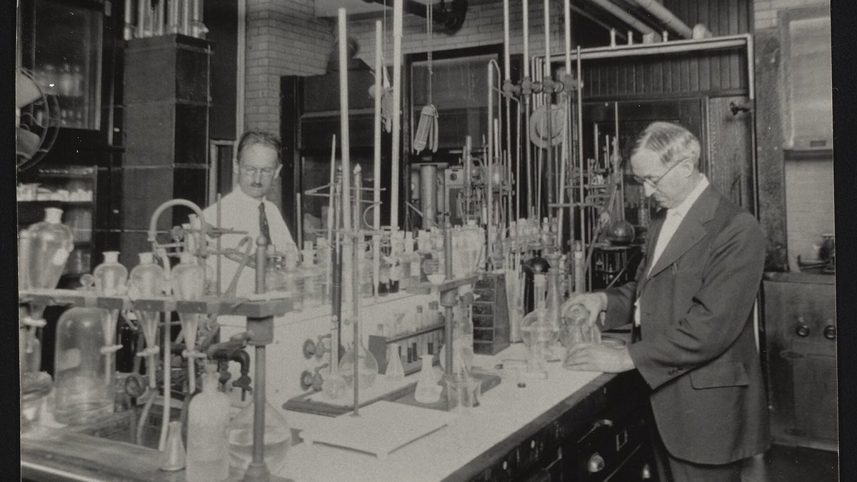 A period drug and peptide research laboratory of glassware and reagents, the kind of patient bench work through which hormones like amylin (islet amyloid polypeptide) and calcitonin were isolated and identified — a Panacea Bio Chem reference by Bogdan Dicoias